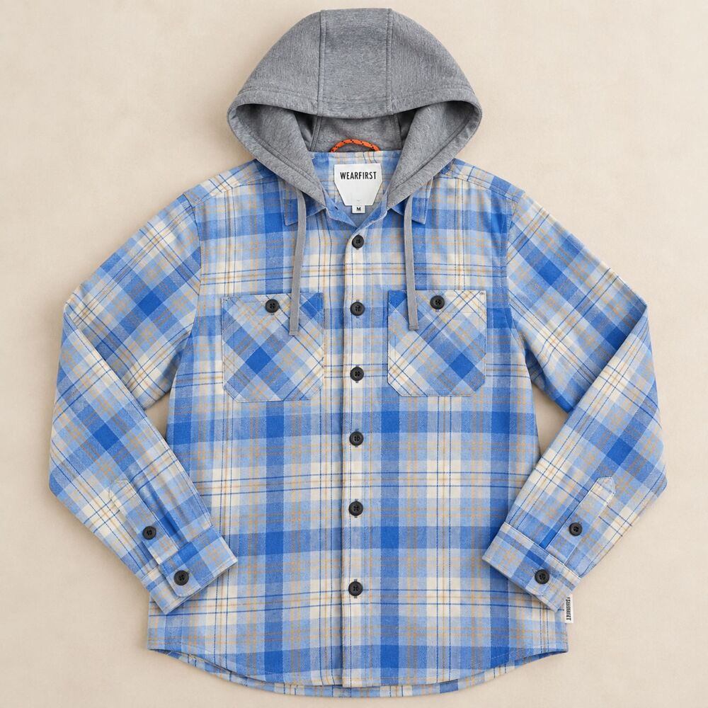 WearFirst Mens M Blue Plaid Hooded Flannel Shirt Jacket Shacket Grunge Skater